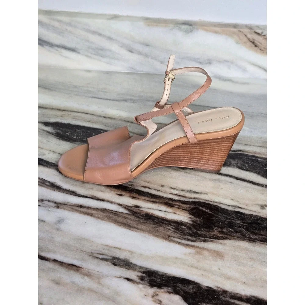 Cole Haan Tan Leather Wedge Sandals‎ Peep Toe T-Strap W14236 Womens 10B